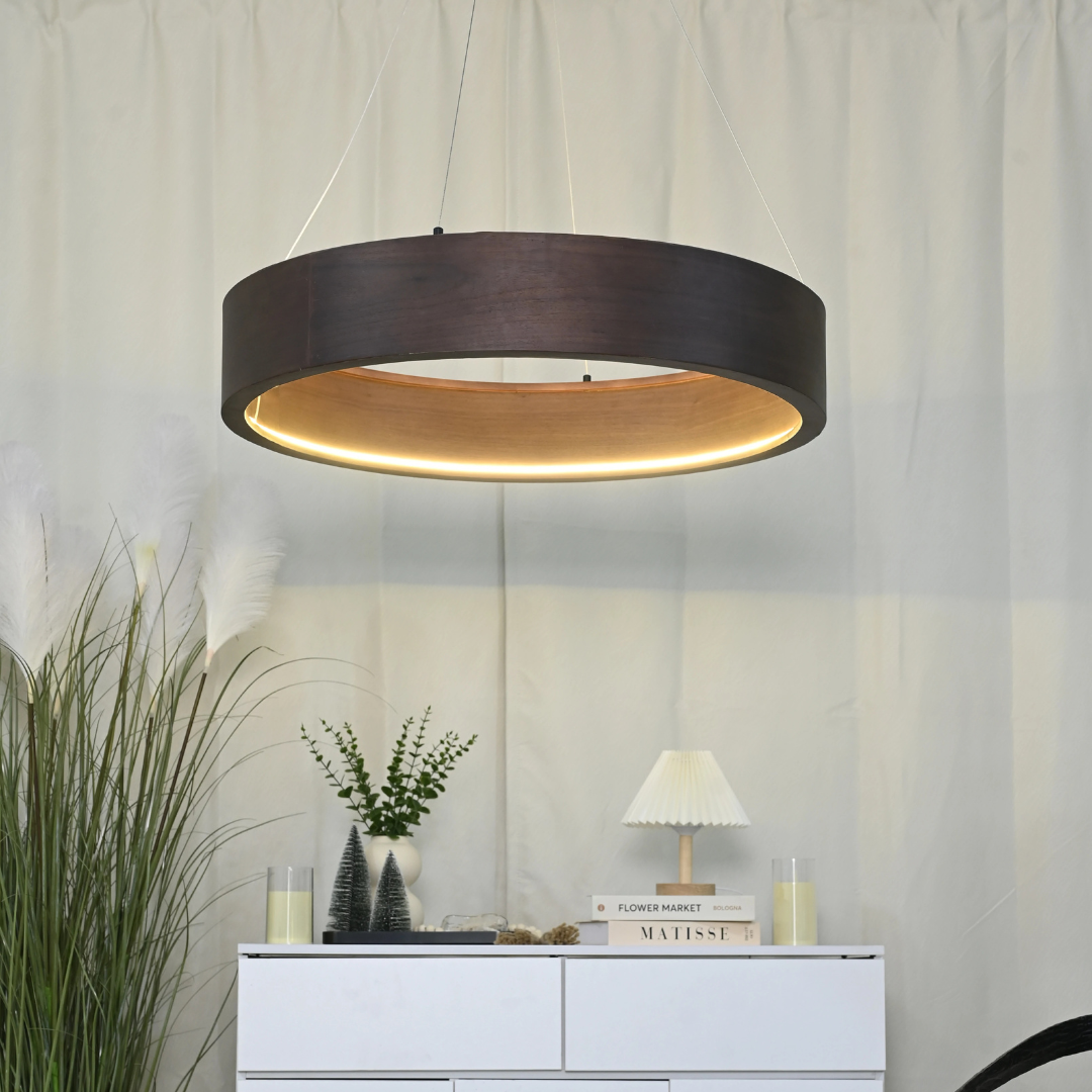 Arhownest Organic Modern Wood Ring Chandelier - Integrated LED Pendant Light 60cm