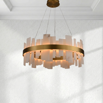 Arhownest Organic Modern Alabaster Ring Chandelier - Brass Finish, 80cm Diameter