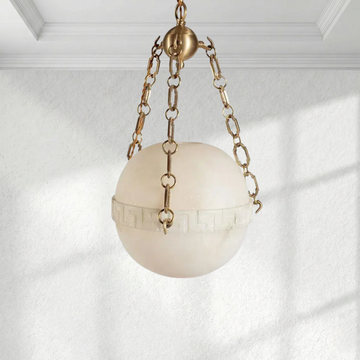 Arhownest Alabaster Orb Pendant Light - Brass Chain Suspension Ø30cm H40cm