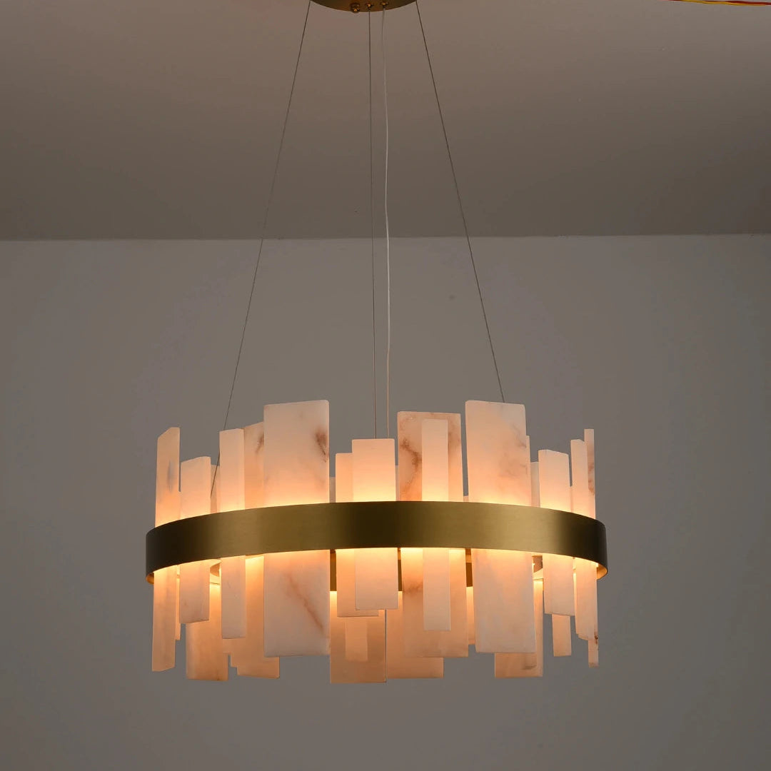 Arhownest Organic Modern Alabaster & Brass Chandelier - Irregular Stone Slabs, 60cm Wide
